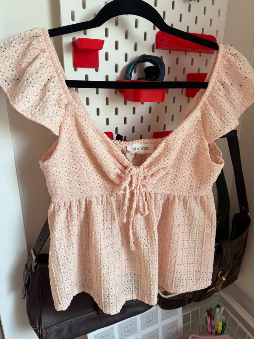 Pink Rose Pale Pink Eyelet Ruffle Tie-Front Peplum Top Cottagecore